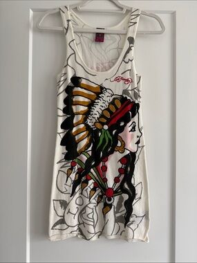 Ed Hardy White Tank Dress with Multicolor Native Headdress Graphic